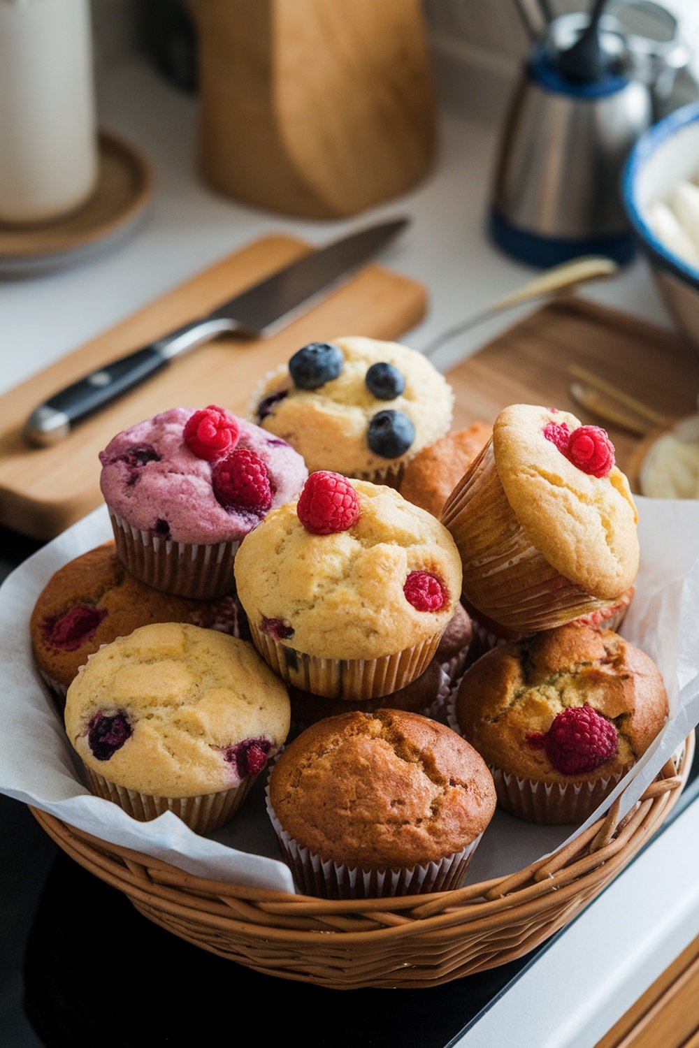 A basket of assorted sourdough discard muffins topped with raspberries and blueberries.
