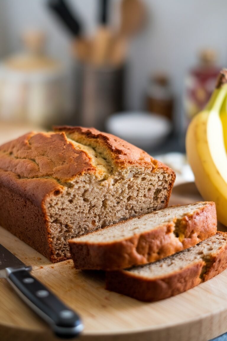 A loaf of banana bread with slices cut out, placed on a wooden board beside fresh bananas.