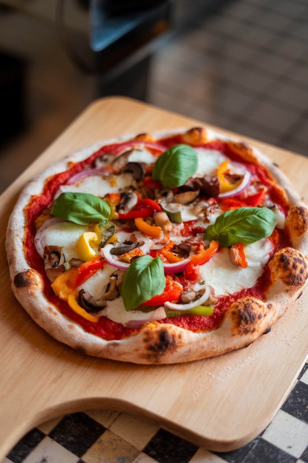 A delicious pizza with a sourdough crust, topped with mozzarella, colorful bell peppers, onions, and fresh basil.