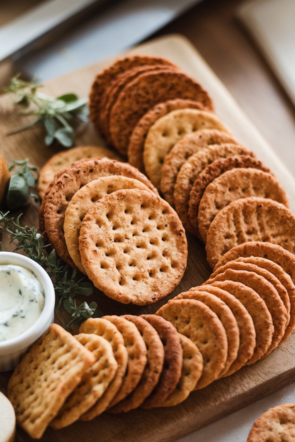 An assortment of golden-brown sourdough discard crackers with a creamy dip and herbs on a wooden board.