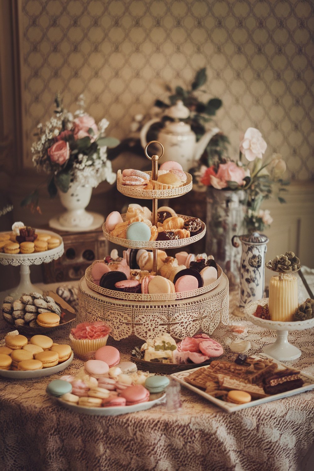 A beautifully arranged tiered cake stand filled with colorful macarons and pastries, surrounded by flowers and vintage tea sets.