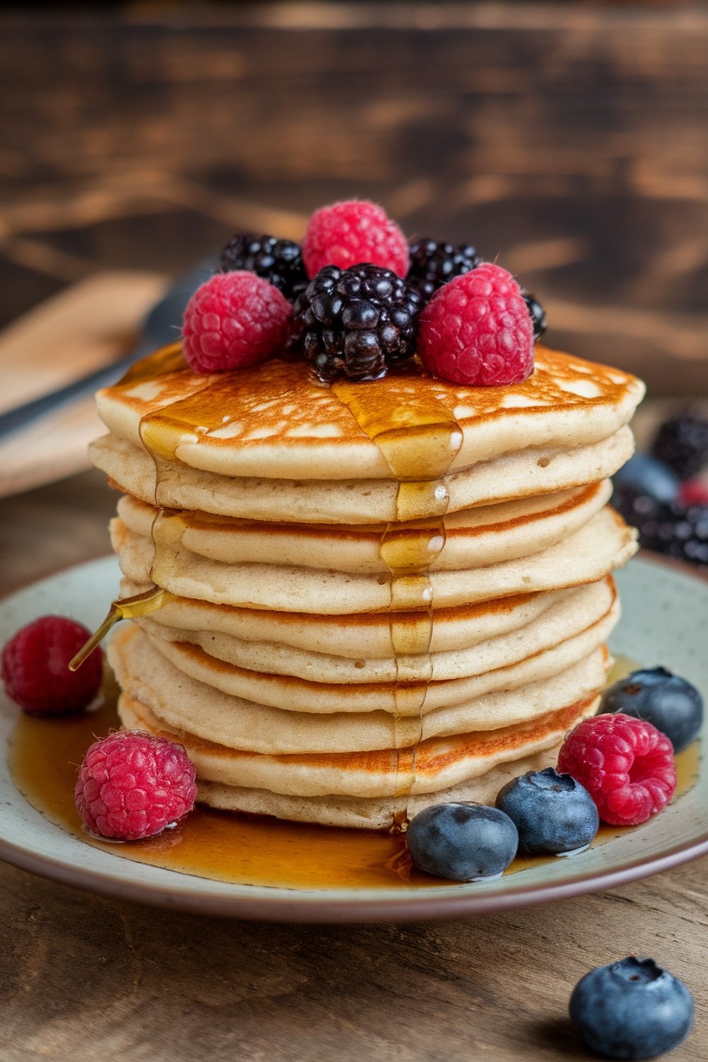 A stack of fluffy sourdough pancakes topped with fresh raspberries and blackberries, drizzled with syrup.
