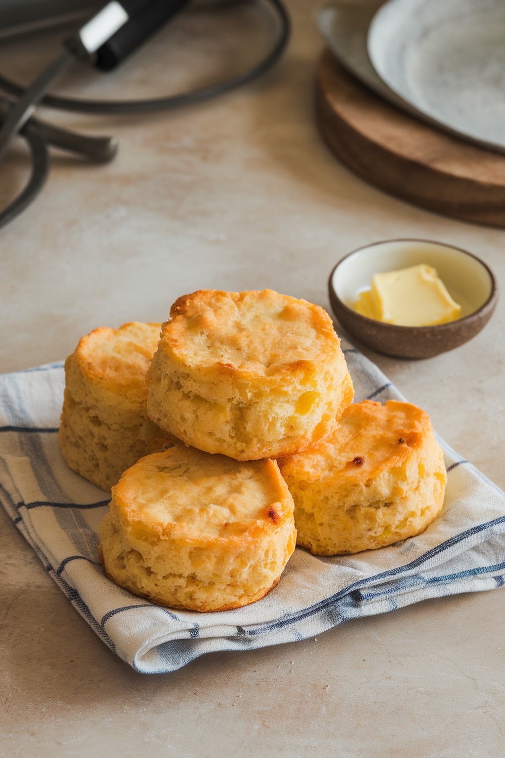 A stack of cheesy sourdough discard biscuits on a checkered towel with a small bowl of butter in the background.