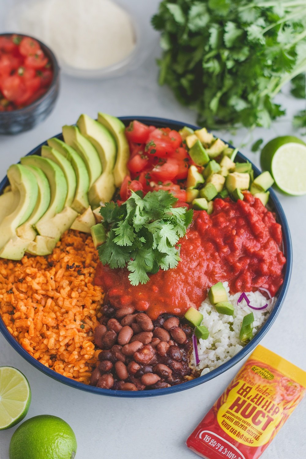 A large burrito bowl filled with rice, beans, salsa, avocado, and fresh vegetables.
