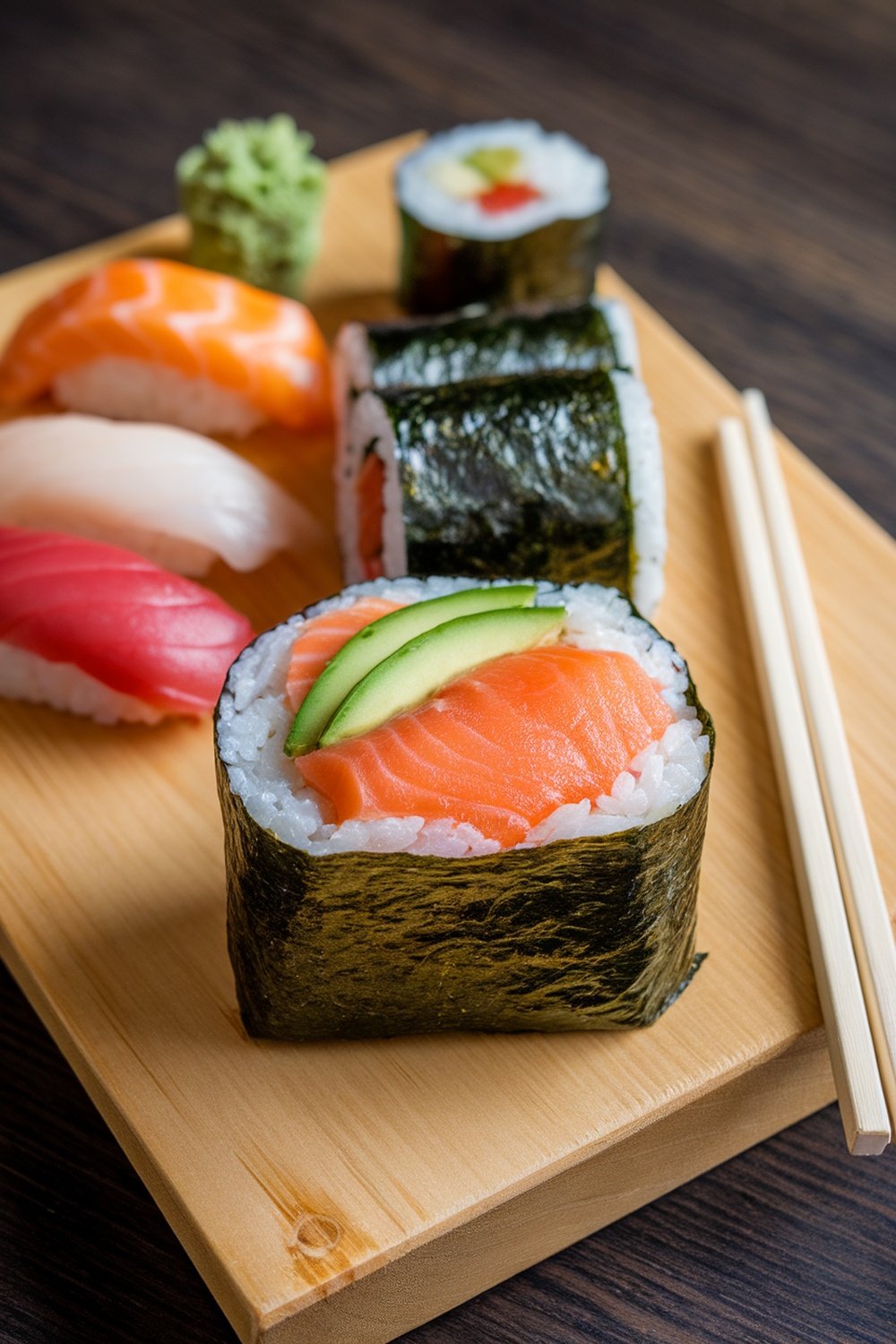 A close-up of a giant sushi roll with various sushi pieces arranged on a wooden plate.