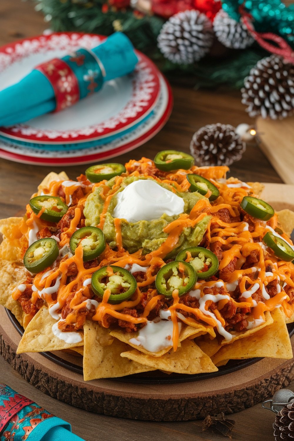 A delicious plate of loaded nachos with meat, cheese, jalapeños, guacamole, and sour cream.