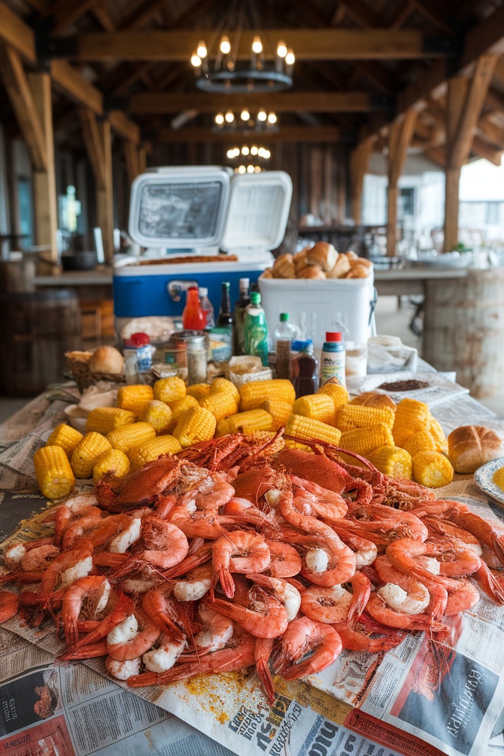 A colorful seafood boil spread featuring shrimp, corn on the cob, and various sauces on a rustic table.
