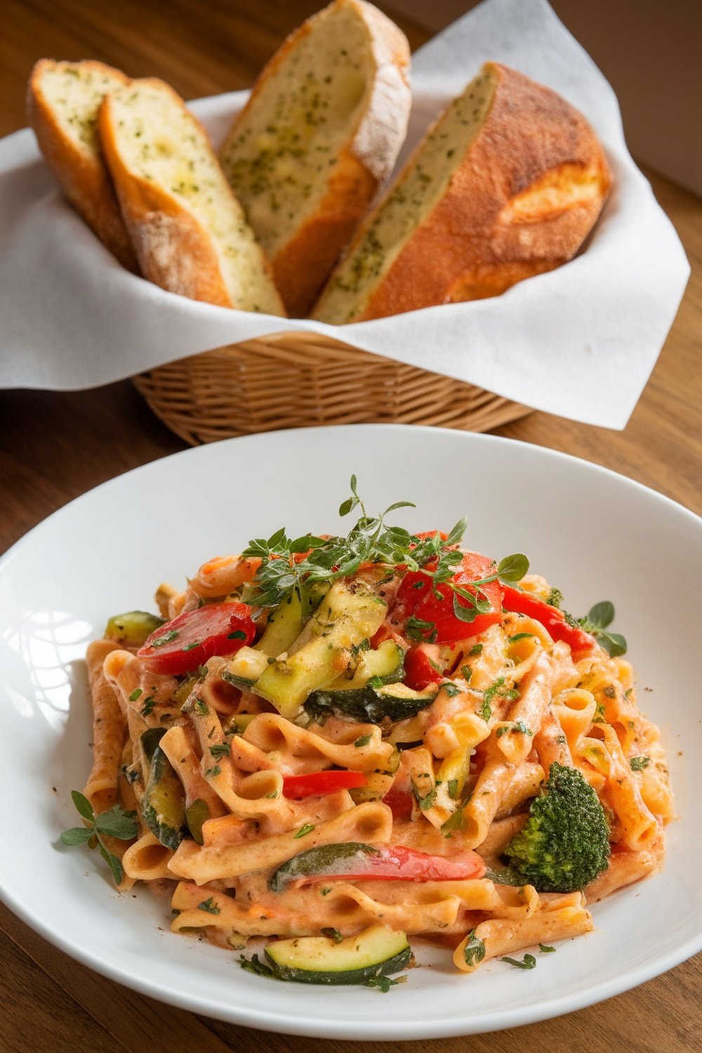 A plate of hearty pasta primavera with colorful vegetables and garlic bread in a basket.