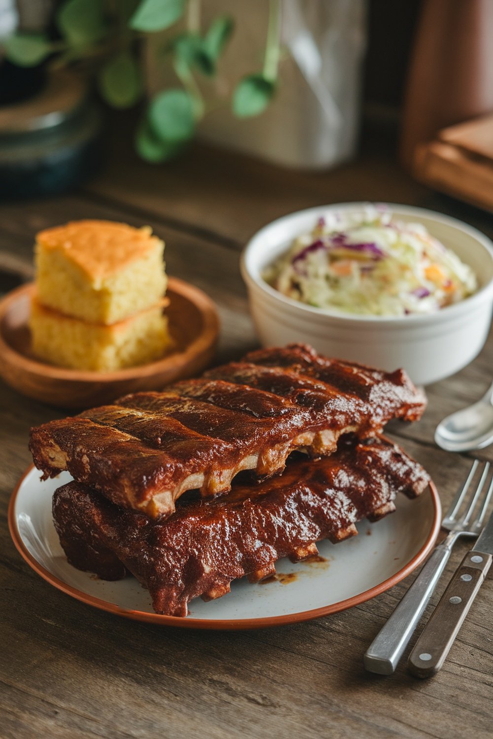 Plate of BBQ ribs, cornbread, and coleslaw on a wooden table