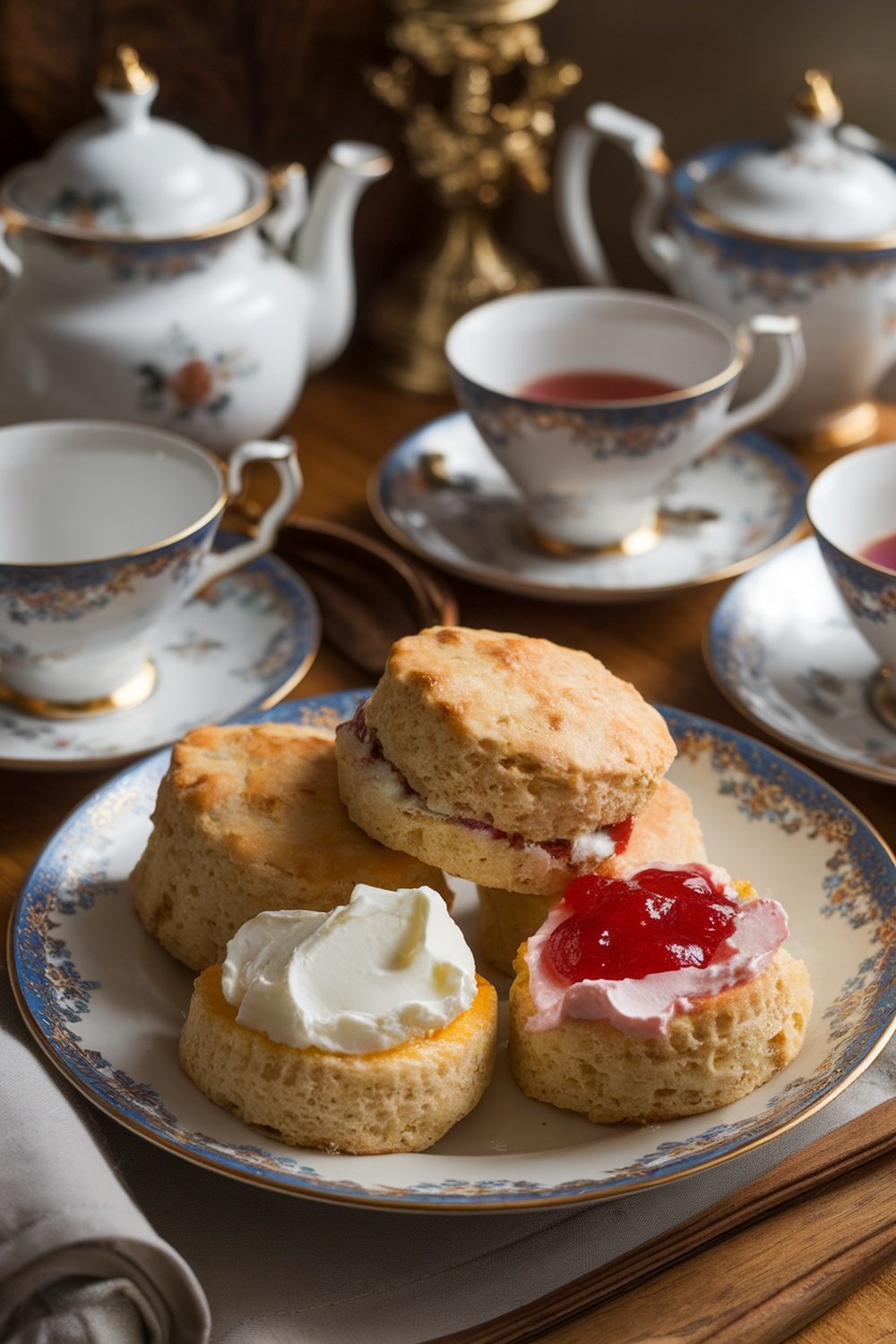 A plate of freshly baked scones with clotted cream and jam, surrounded by elegant tea cups and a teapot.