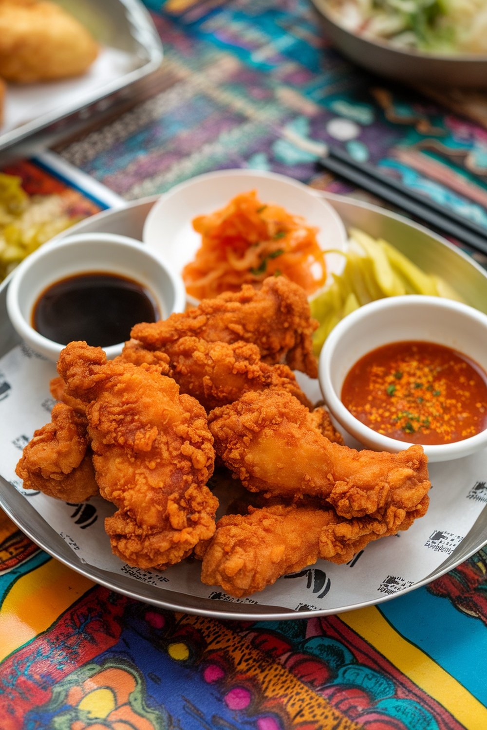 Plate of spicy Korean fried chicken with sides of kimchi and dipping sauces on a colorful table