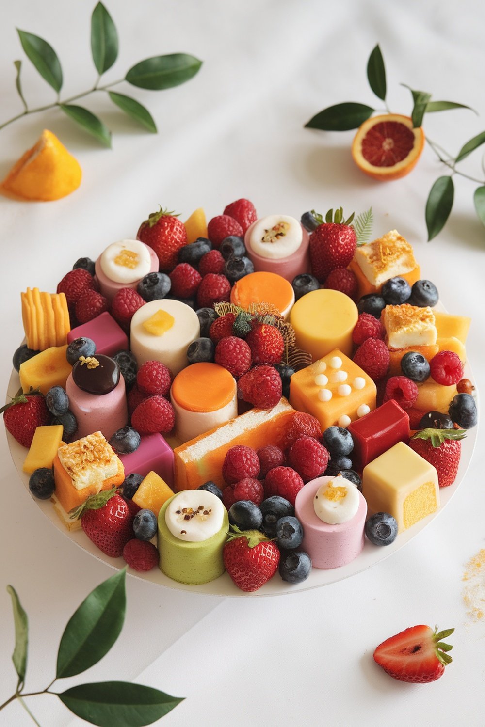 A colorful platter filled with fresh fruits and a variety of desserts.