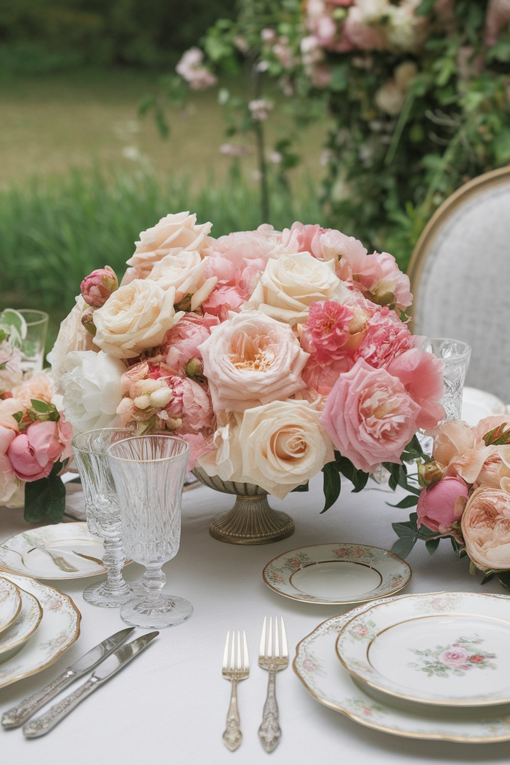 A beautiful floral centerpiece featuring pink and cream roses and peonies on a tea party table.