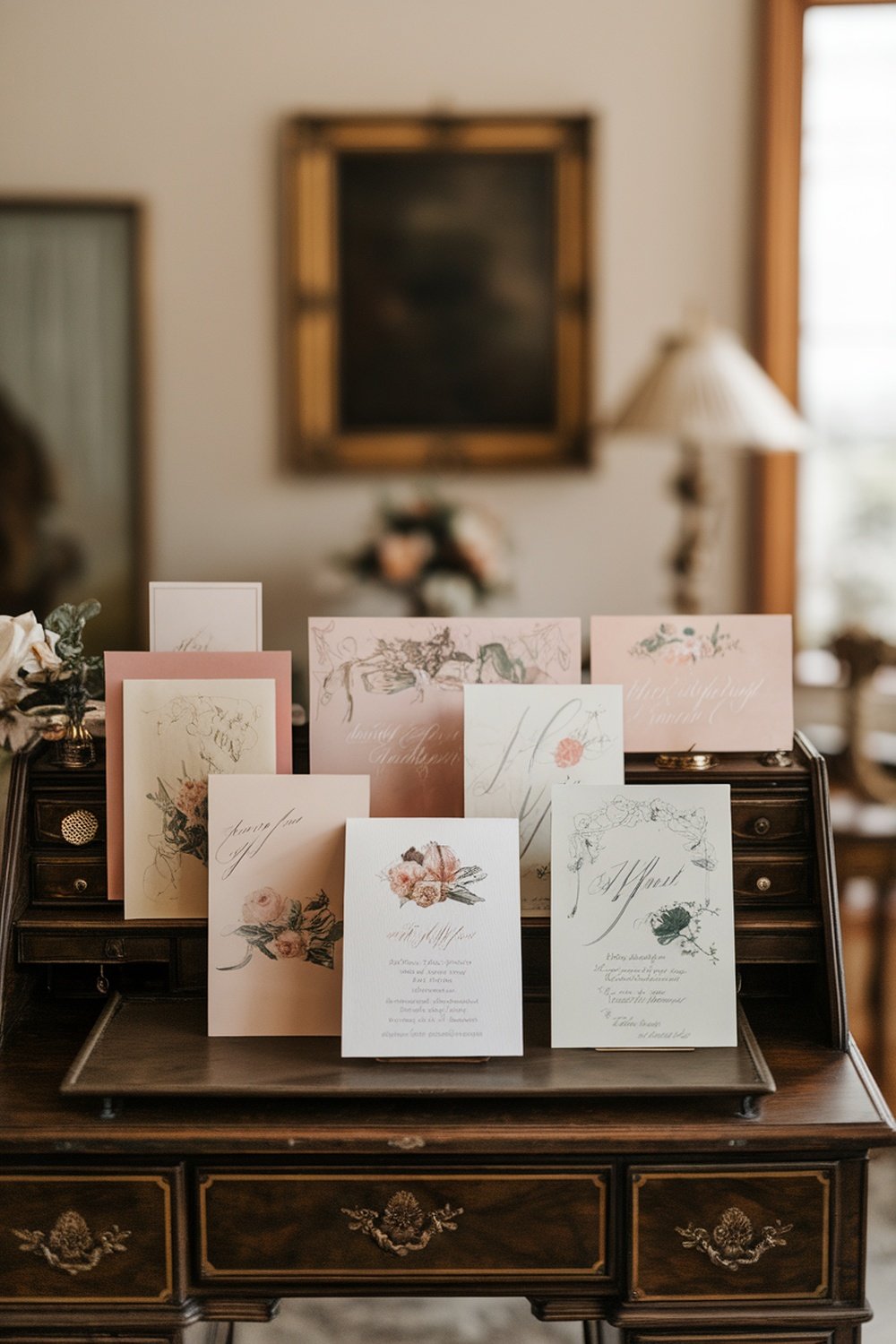 A collection of elegant tea party invitations displayed on a vintage desk.