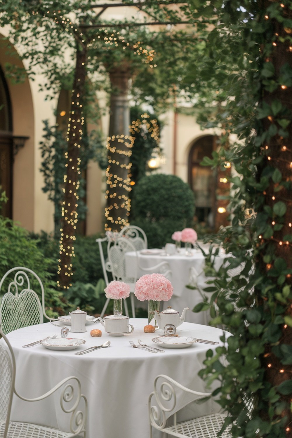 A beautifully arranged garden tea party with tables set for guests, featuring pink flowers, fine china, and fairy lights.