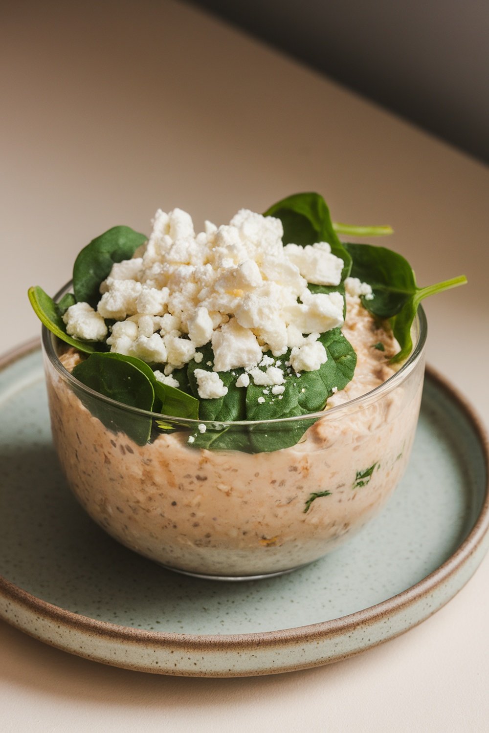 A bowl of savory spinach and feta overnight oats topped with fresh spinach and crumbled feta cheese.