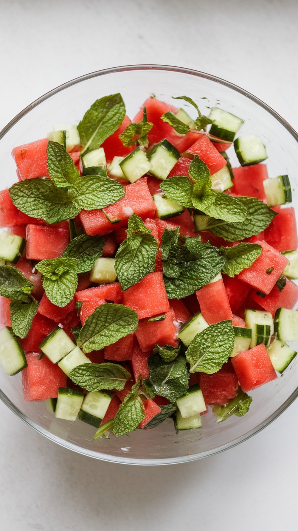 A bowl of watermelon cucumber salad with mint leaves.