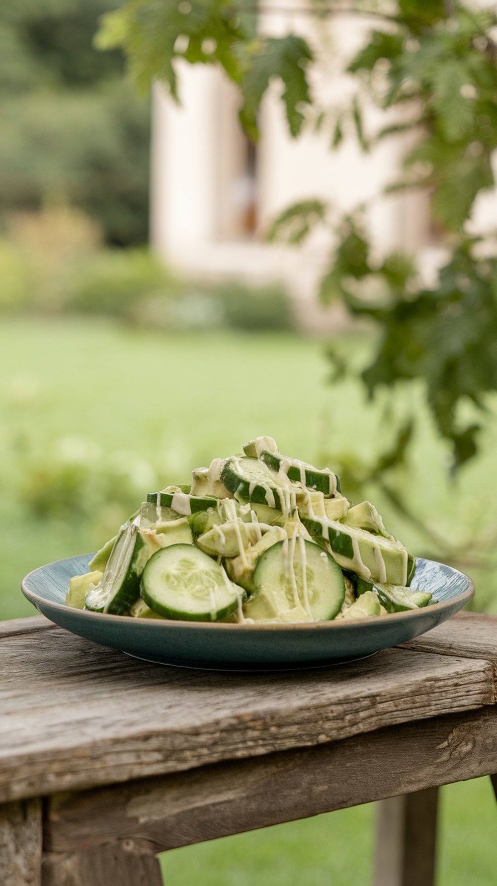A fresh cucumber and avocado salad drizzled with lime dressing, served on a blue plate.