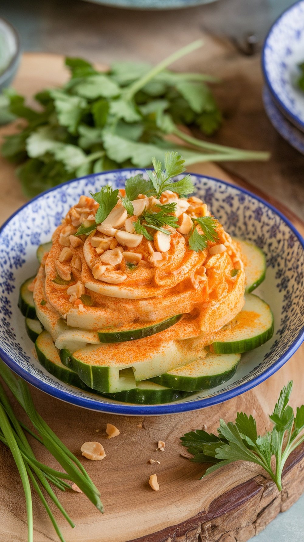A bowl of Spicy Thai Cucumber Salad with peanuts and cilantro on top, served on a wooden board.