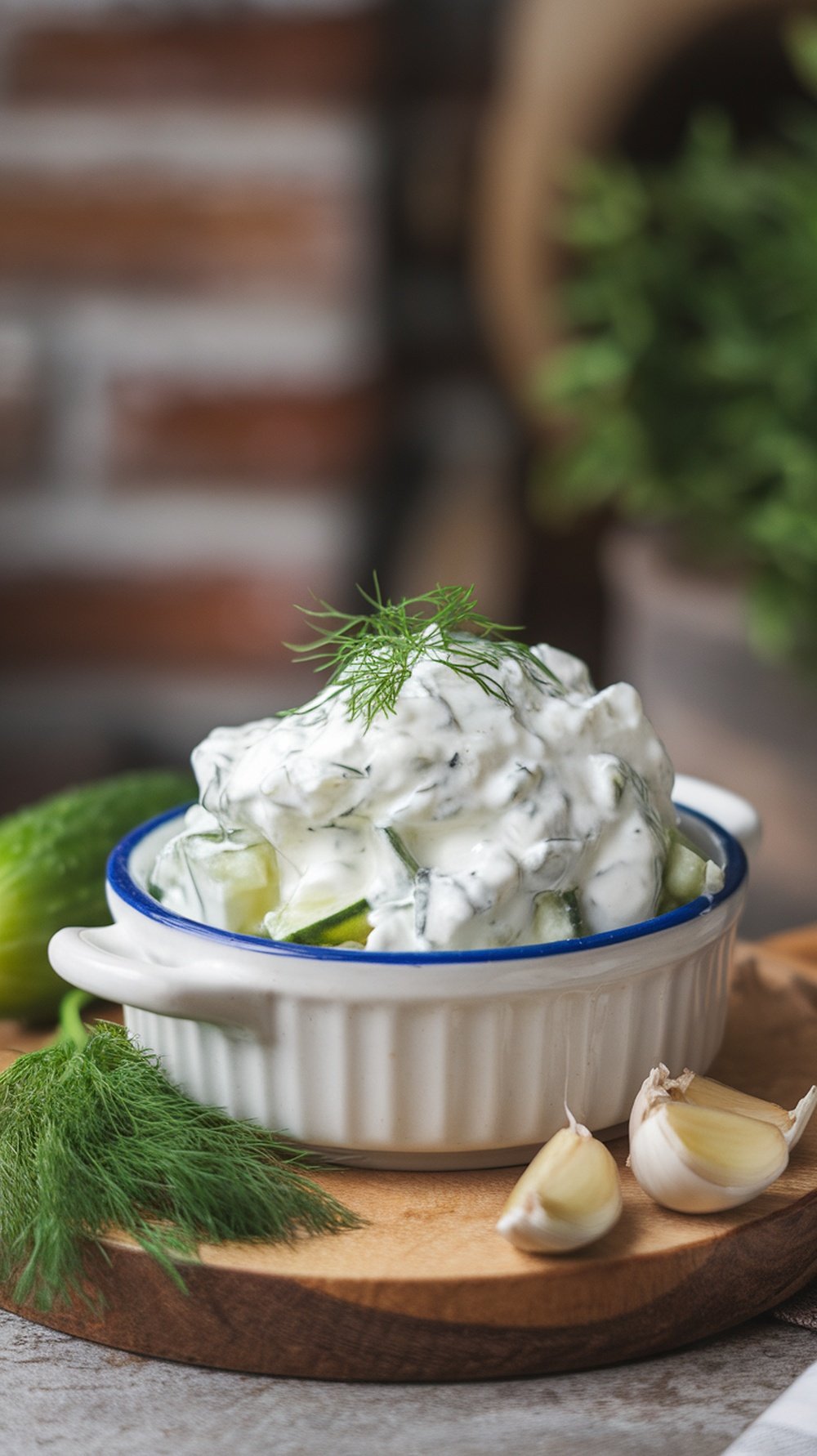 A bowl of Greek Yogurt Cucumber Salad with dill and garlic on a wooden surface.