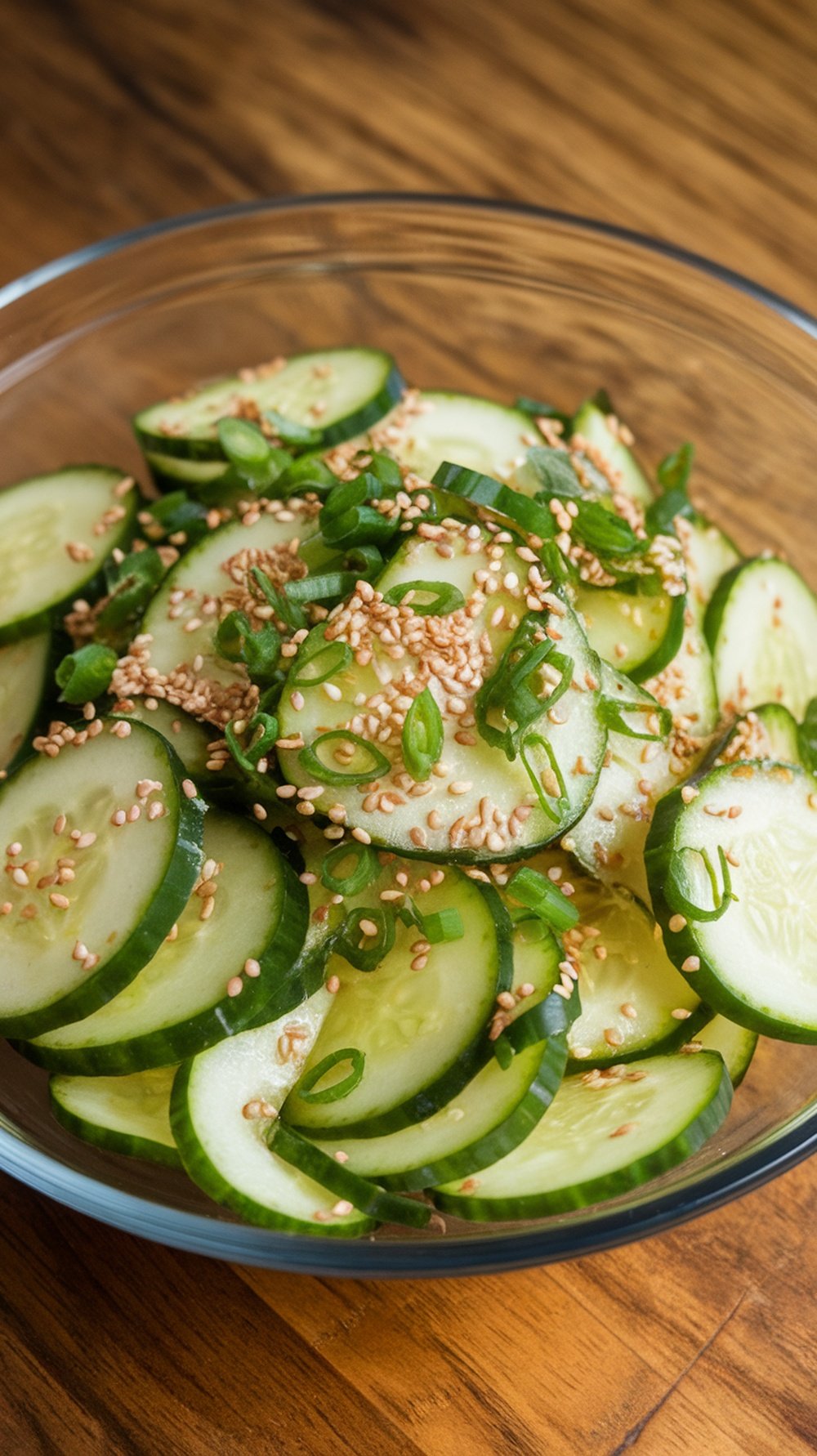 A bowl of Asian sesame cucumber salad with sliced cucumbers, sesame seeds, and green onions.