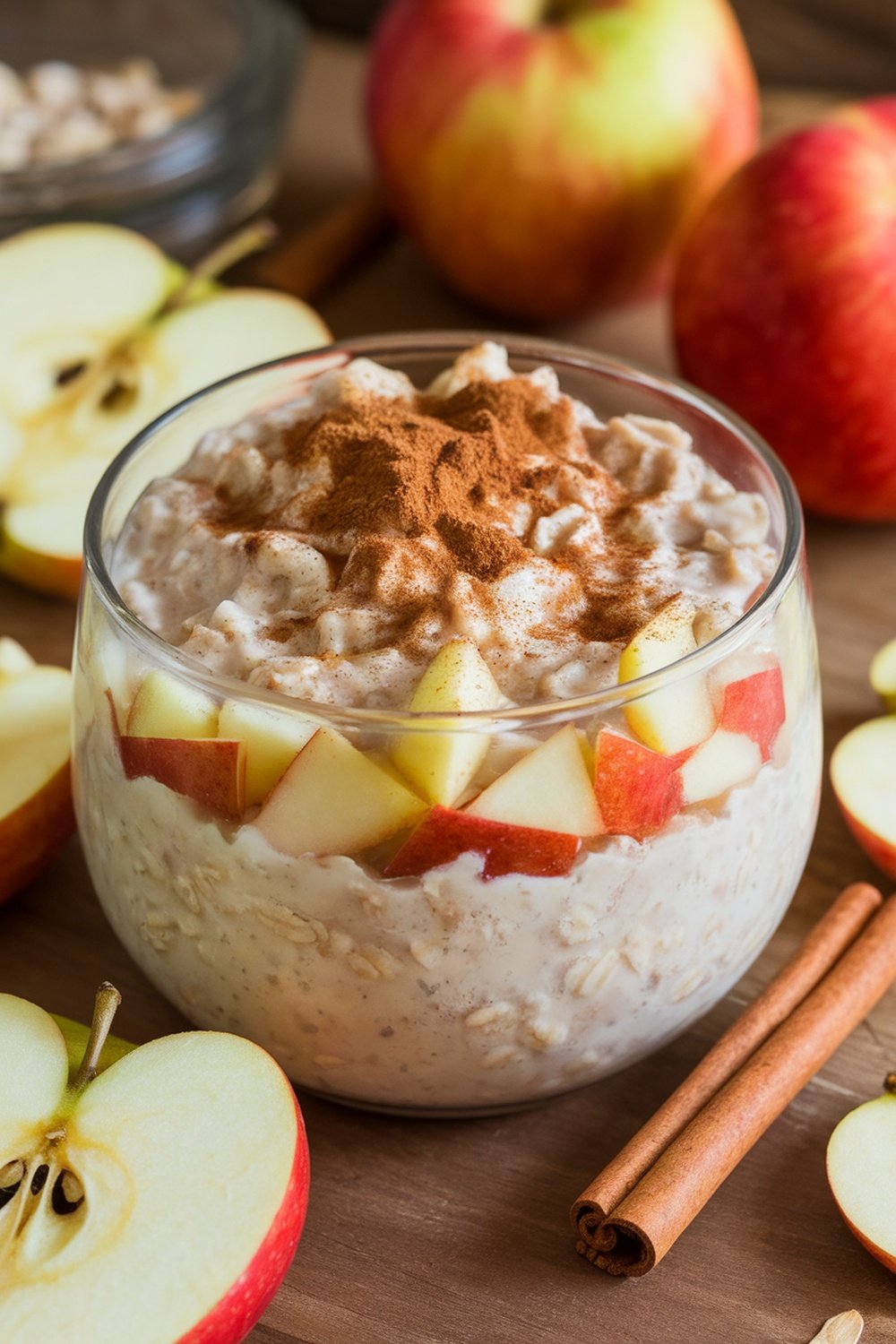 A bowl of apple cinnamon overnight oats topped with apple slices and cinnamon, surrounded by fresh apples and cinnamon sticks.