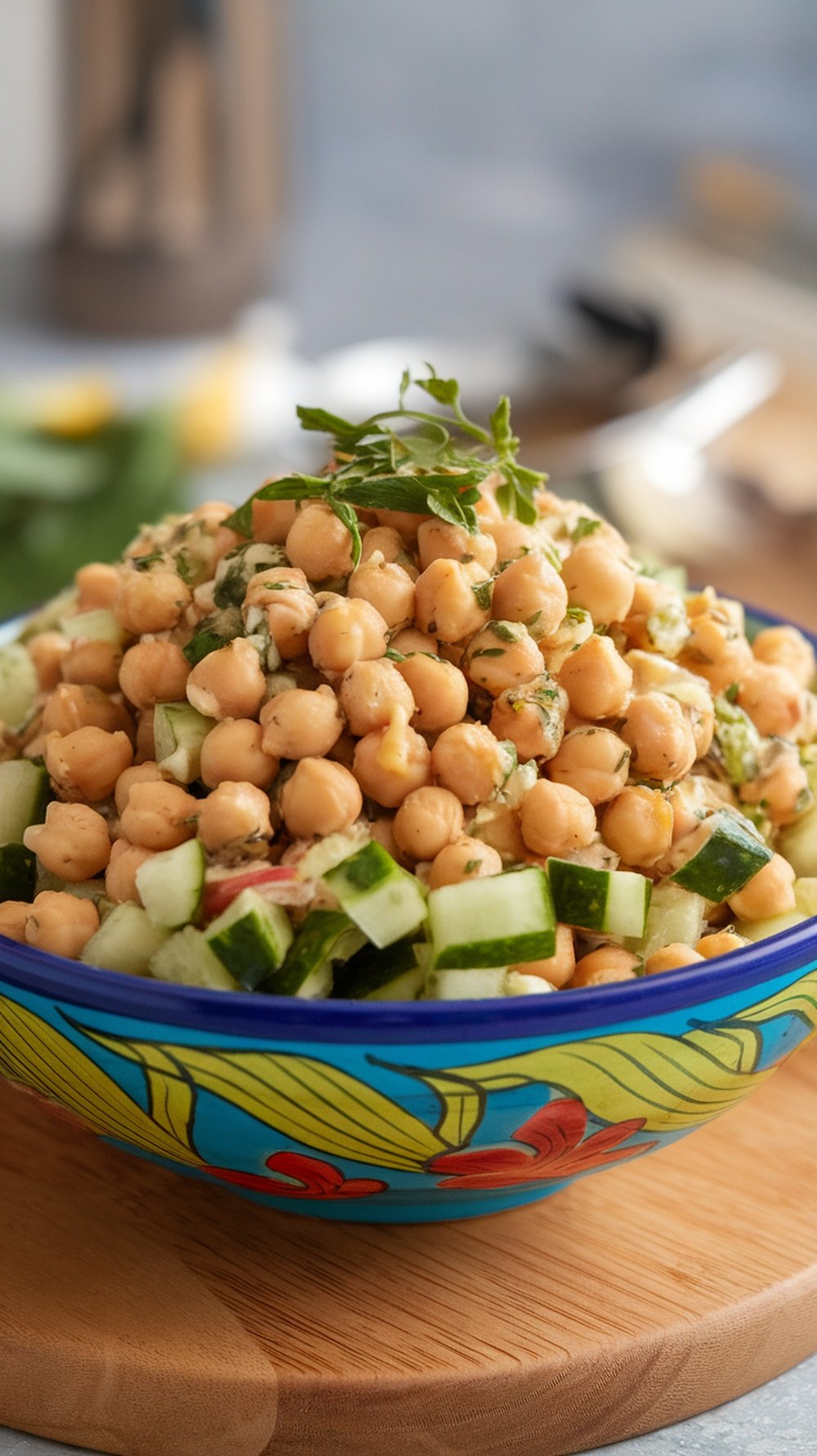 A colorful bowl of chickpea cucumber salad topped with herbs.