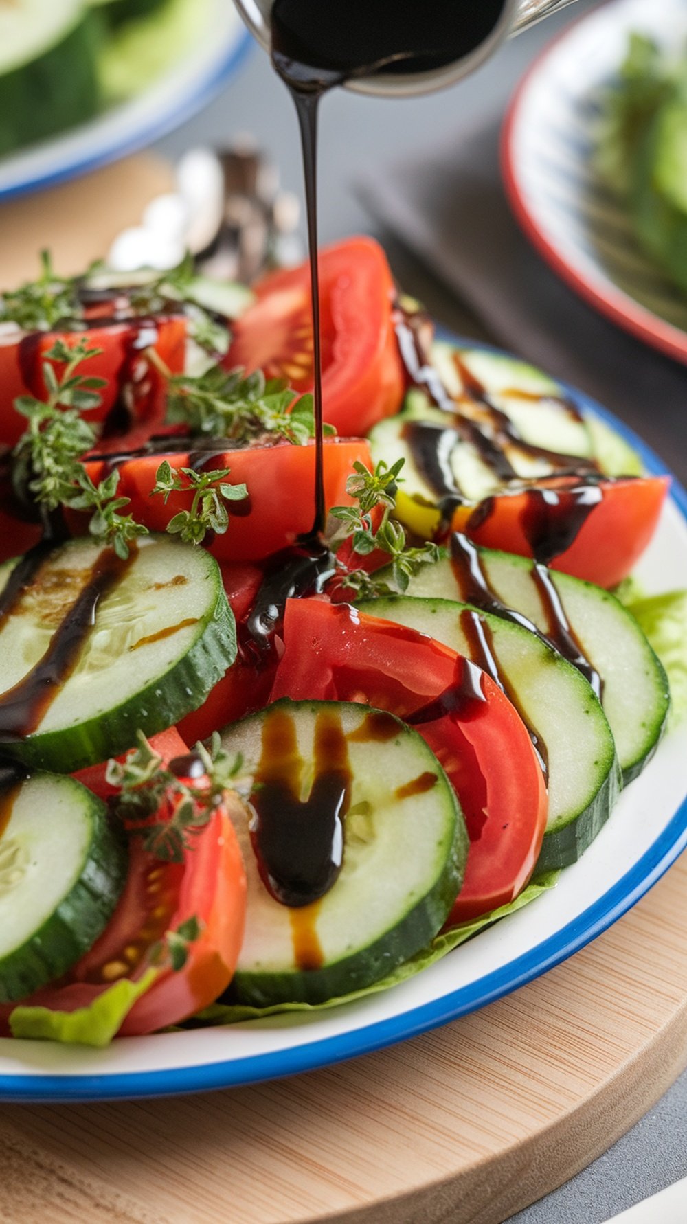 A plate of cucumber and tomato salad drizzled with balsamic glaze, garnished with fresh herbs.