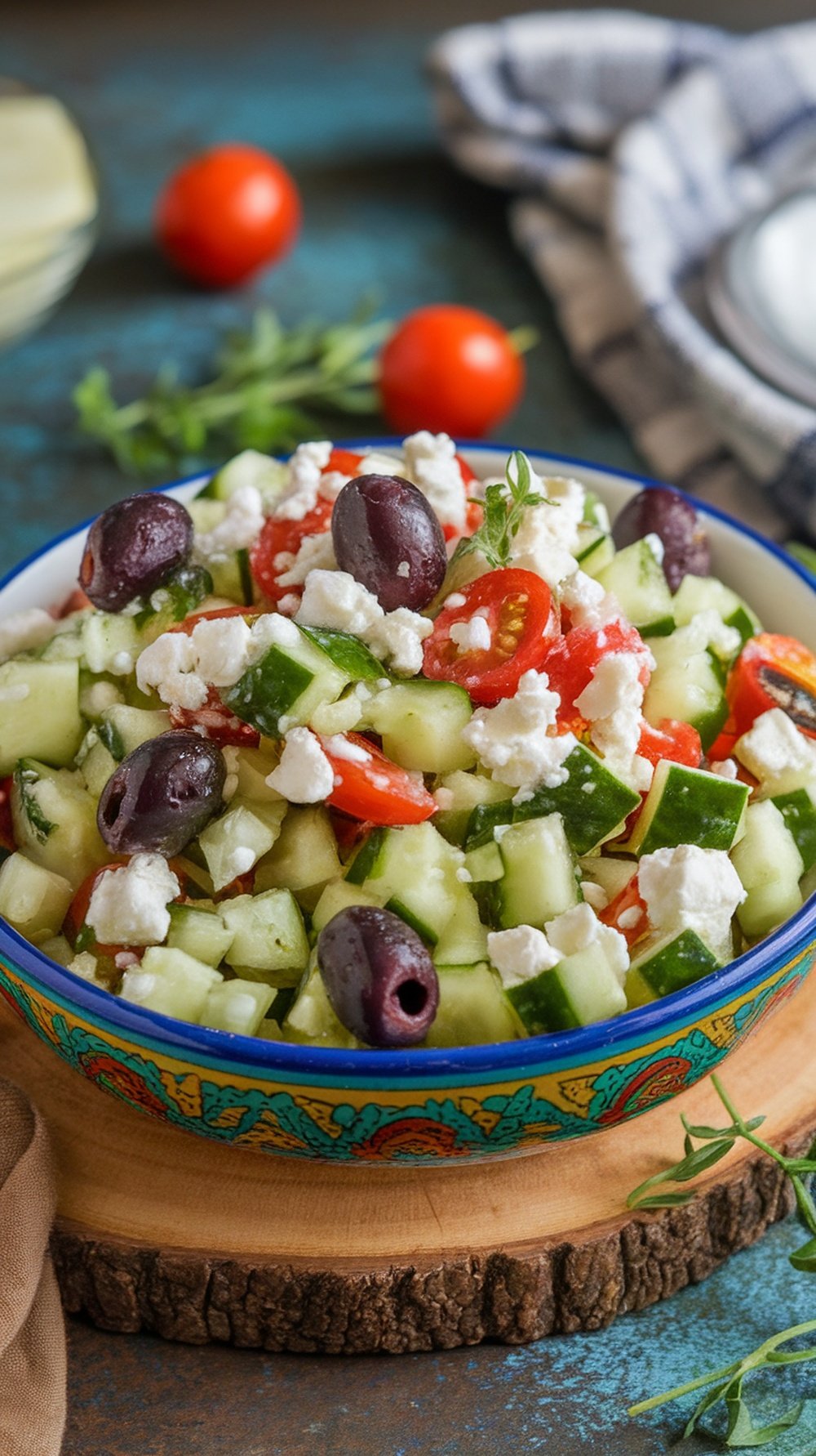 A colorful Mediterranean cucumber salad with feta cheese and olives in a decorative bowl.