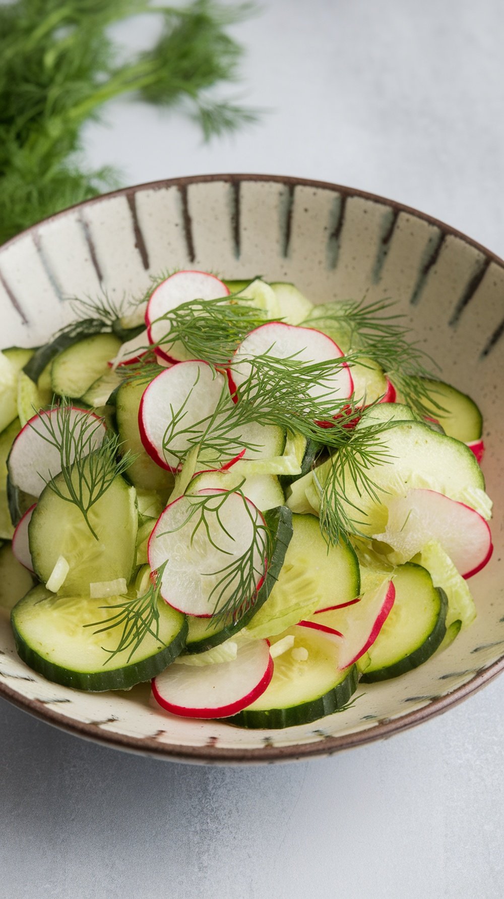 A bowl of cucumber and radish salad garnished with fresh dill.