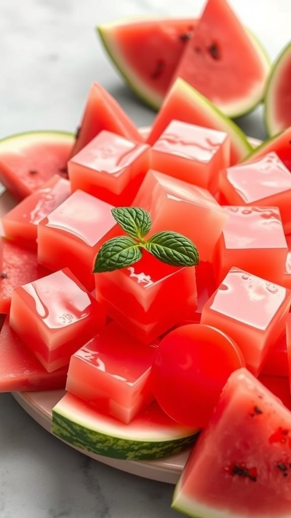 A plate of watermelon gelatin cubes with fresh watermelon slices.