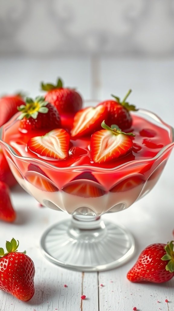 A bowl of classic strawberry gelatin salad topped with sliced strawberries.