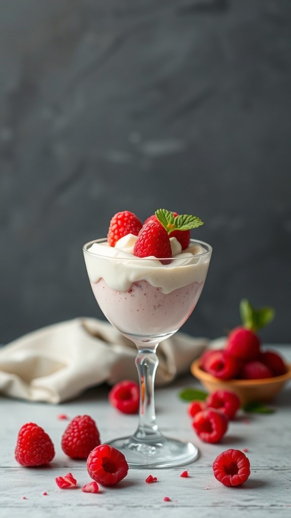 A glass of raspberry cream cheese mousse topped with fresh raspberries and mint leaves.