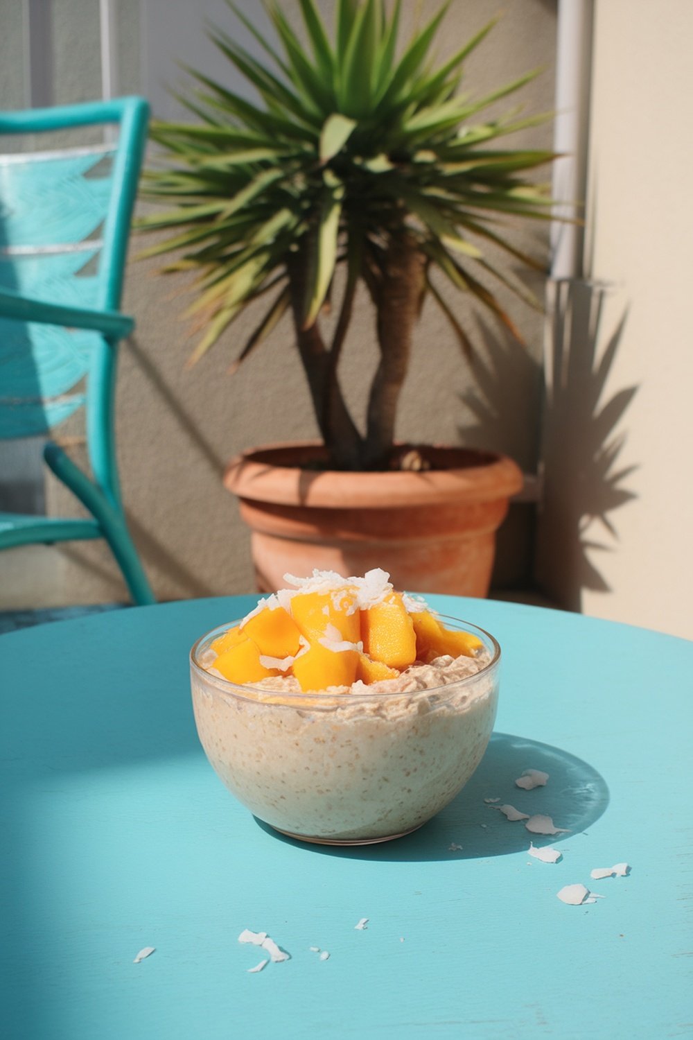A bowl of tropical mango coconut oats topped with mango chunks and coconut flakes, placed on a bright blue table with a plant in the background.