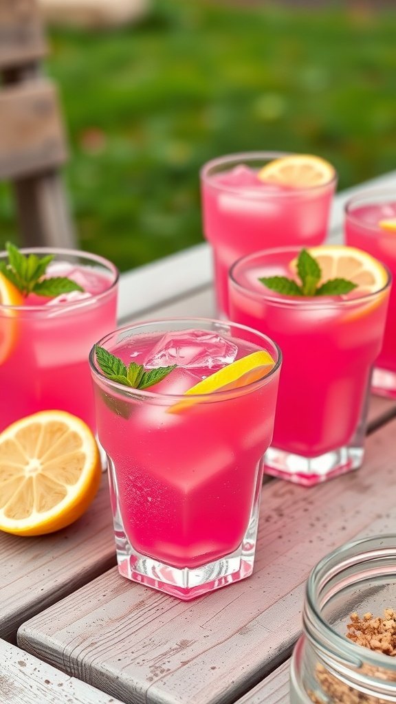 Pink lemonade gelatin cups with lemon slices and mint leaves