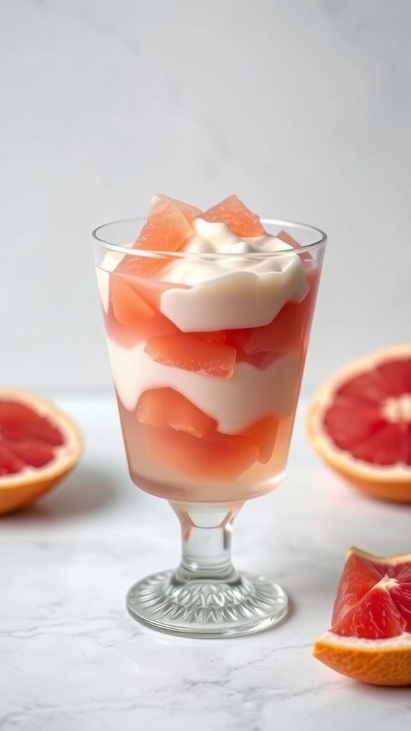 A glass of pink grapefruit gelatin parfait with layers of gelatin and cream, surrounded by grapefruit halves.