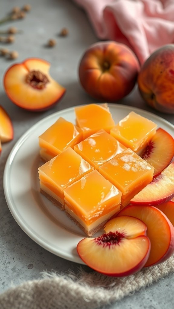 Peach Melba Gelatin Squares on a plate with fresh peaches