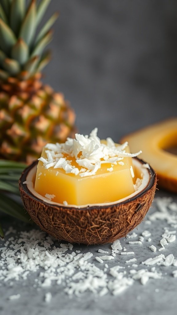Coconut Pineapple Gelatin Treat in a coconut shell with shredded coconut on top.