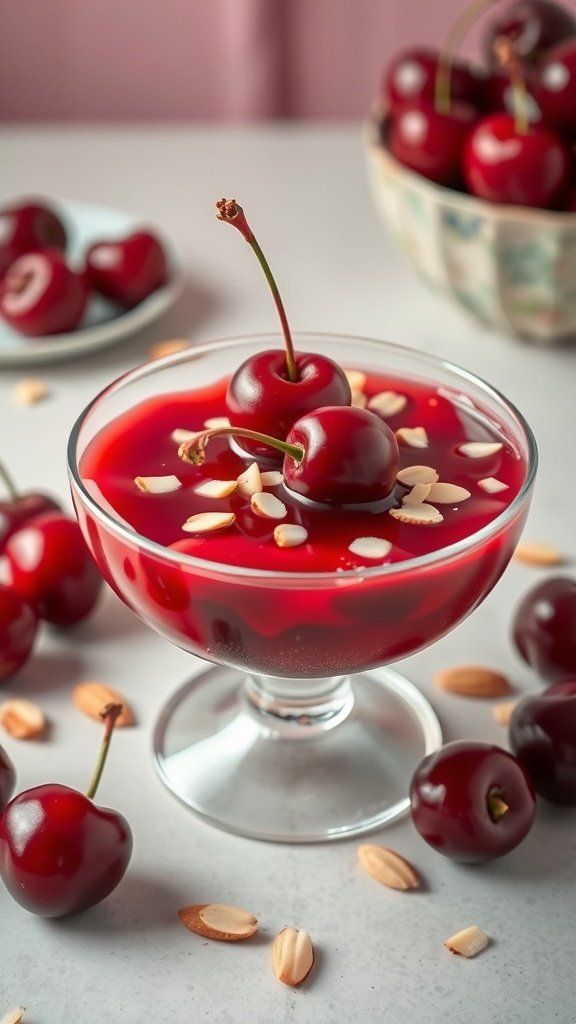 A bowl of Cherry Almond Gelatin Delight topped with cherries and almond slices.