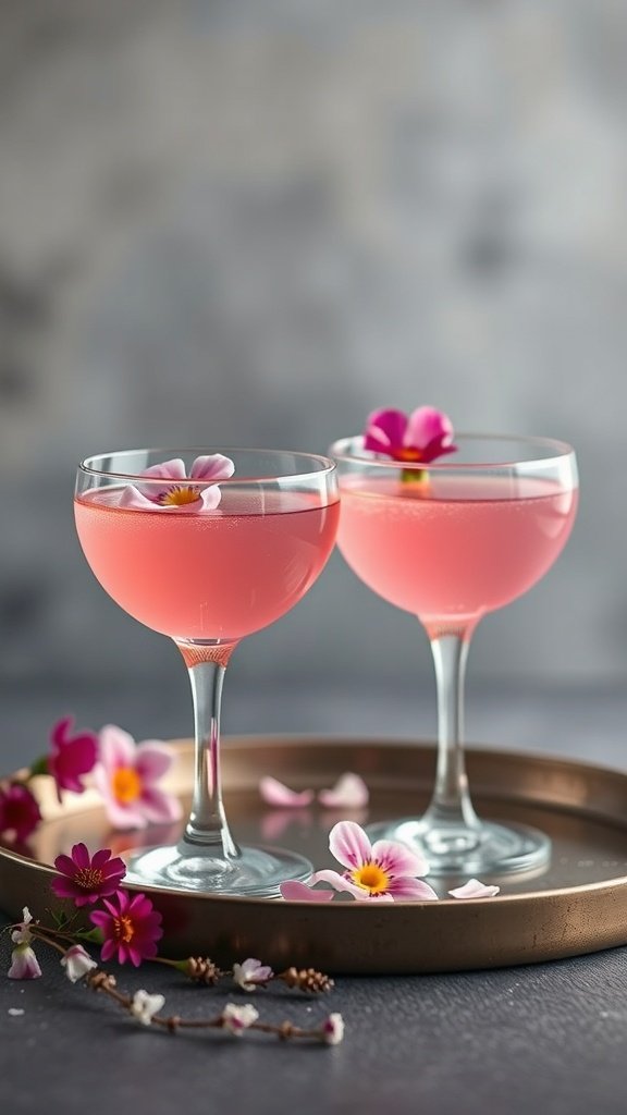 Two pink champagne gelatin shots garnished with flowers on a tray