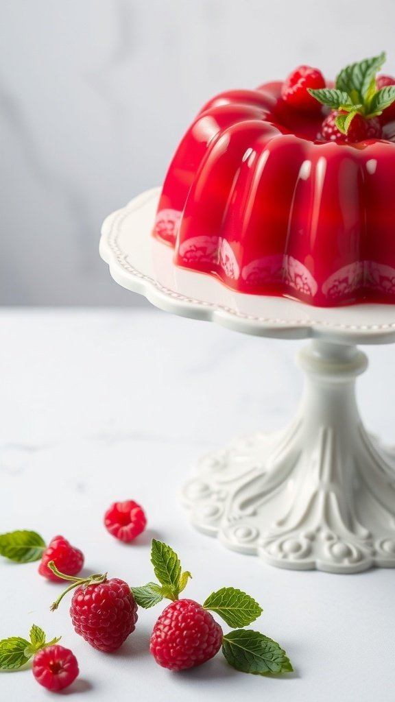 A beautiful Rhubarb Raspberry Gelatin Mold displayed on a white cake stand with fresh raspberries and mint leaves.