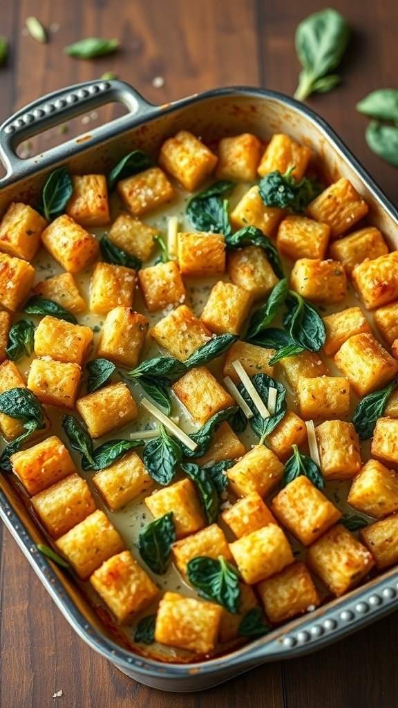A baked vegetarian tater tot casserole with spinach, showing crispy tater tots and fresh greens.