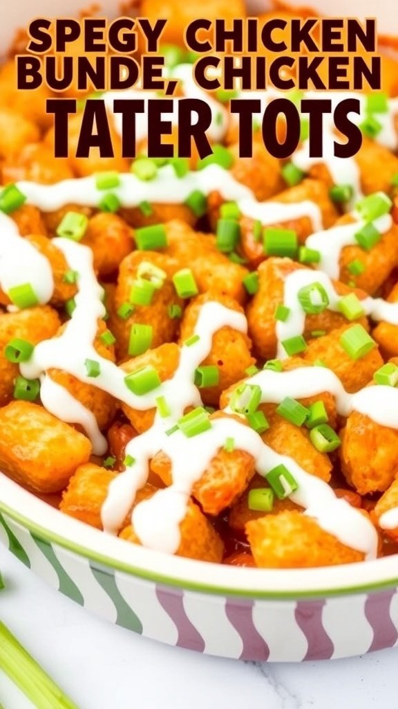 A delicious Buffalo Chicken Tater Tot Casserole topped with green onions and ranch dressing.