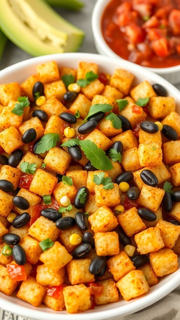 A bowl of Southwestern Tater Tot Casserole with black beans, corn, and cilantro, served with salsa.