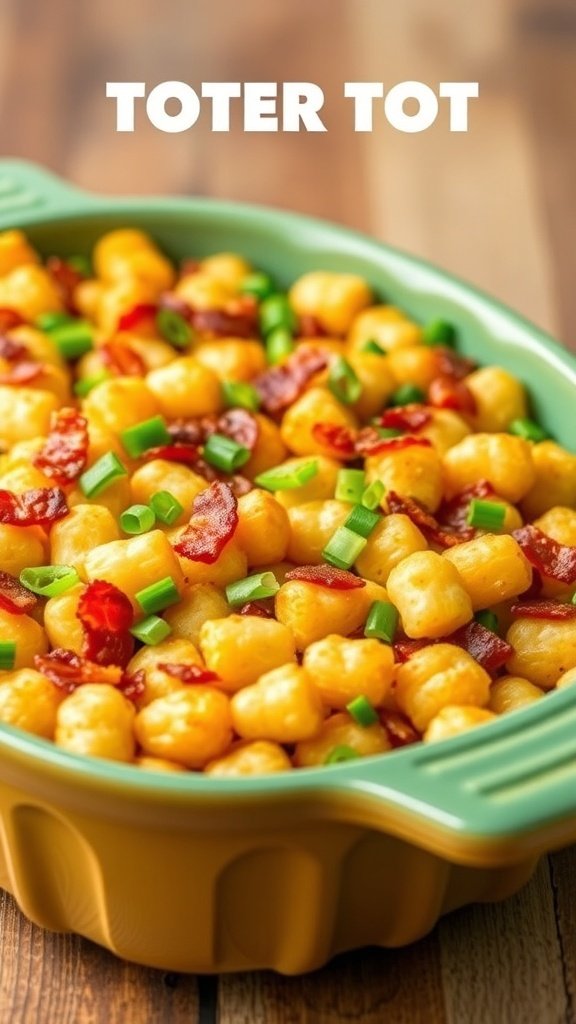 A delicious Loaded Bacon and Cheese Tater Tot Casserole with crispy bacon and green onions on top.