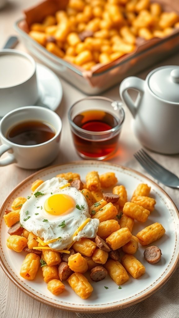 A plate of tater tots topped with a fried egg and cheese, with coffee and tea on the side.