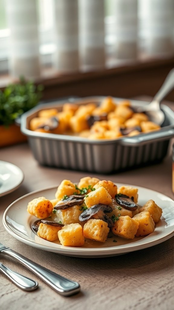 A plate of tater tot casserole topped with creamy mushroom sauce and garnished with herbs, with a casserole dish in the background.