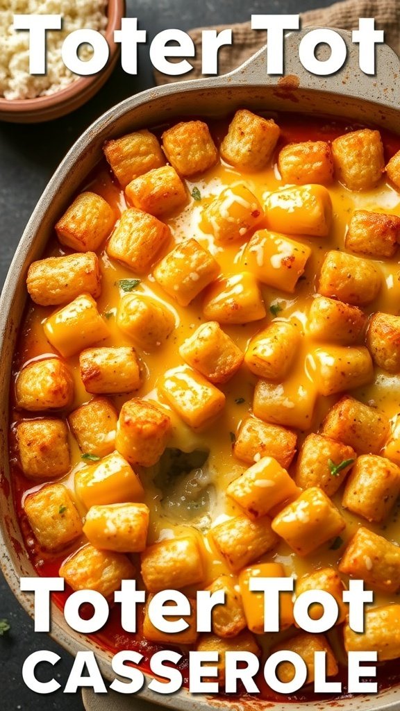 A delicious tater tot casserole with golden tater tots and melted cheese.