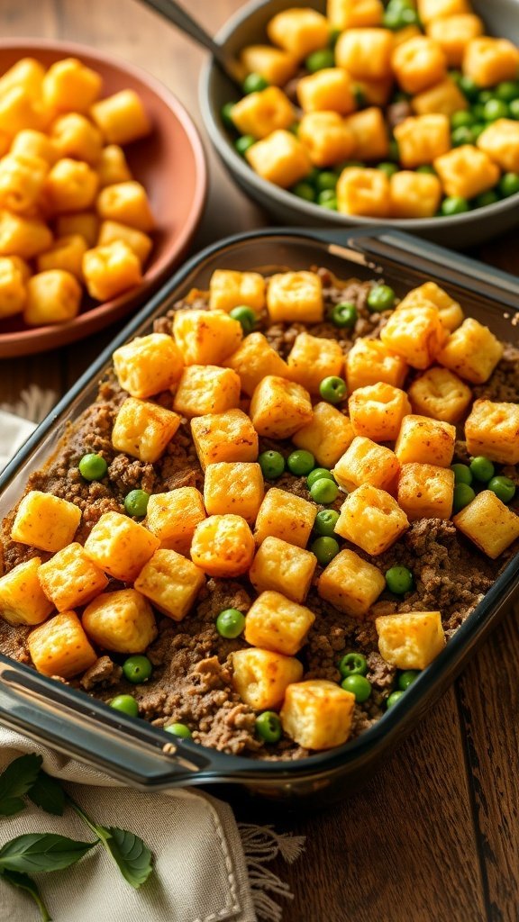 A delicious Tater Tot Casserole with ground beef and peas, topped with golden crispy tater tots.