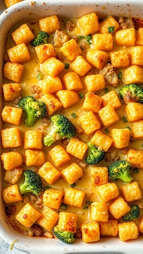 A delicious Tater Tot Casserole with broccoli and cheese, featuring golden tater tots and vibrant green broccoli in a creamy sauce.